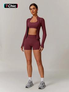 women's solid crop coat & backless bra & high waist shorts tracksuit set, casual sporty breathable comfy for yoga gym workout running, ladies sportswear for all seasons, fitness sportswear set, activewear, yoga clothes set
