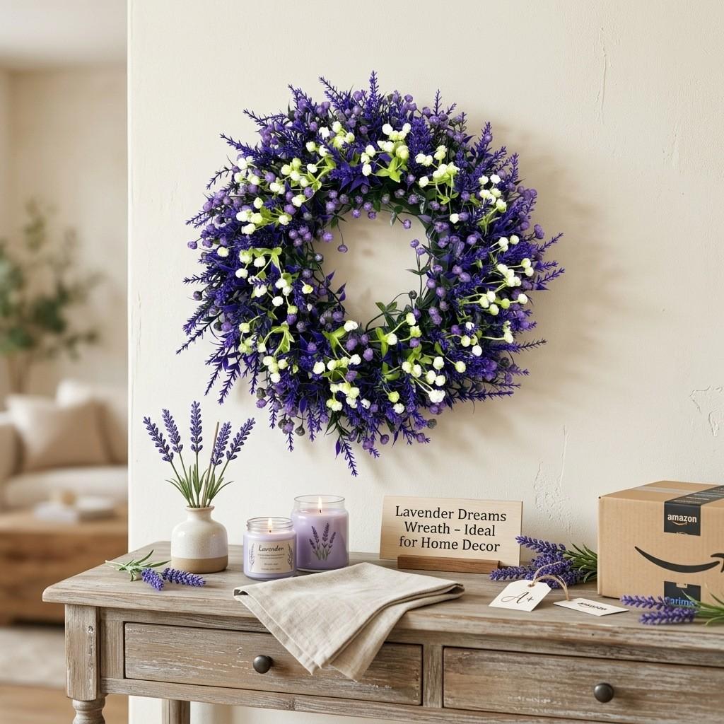 Lavender Starburst Artificial Flower Wreath Floral Hanging Decor, Decorative Flowers, Front Door Decoration, Home Wedding Outdoor Event Decor, Battery-Free, Elegant Design