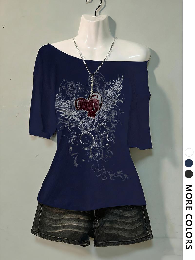 Women's Asymmetrical Neck Digital Print Summer Casual T-Shirt, Vintage Campus Style, Fashion Trend Letter Design Women's Asymmetrical Neck Digital Print Summer Casual T-Shirt, Vintage Campus Style, Fashion Trend Letter Design