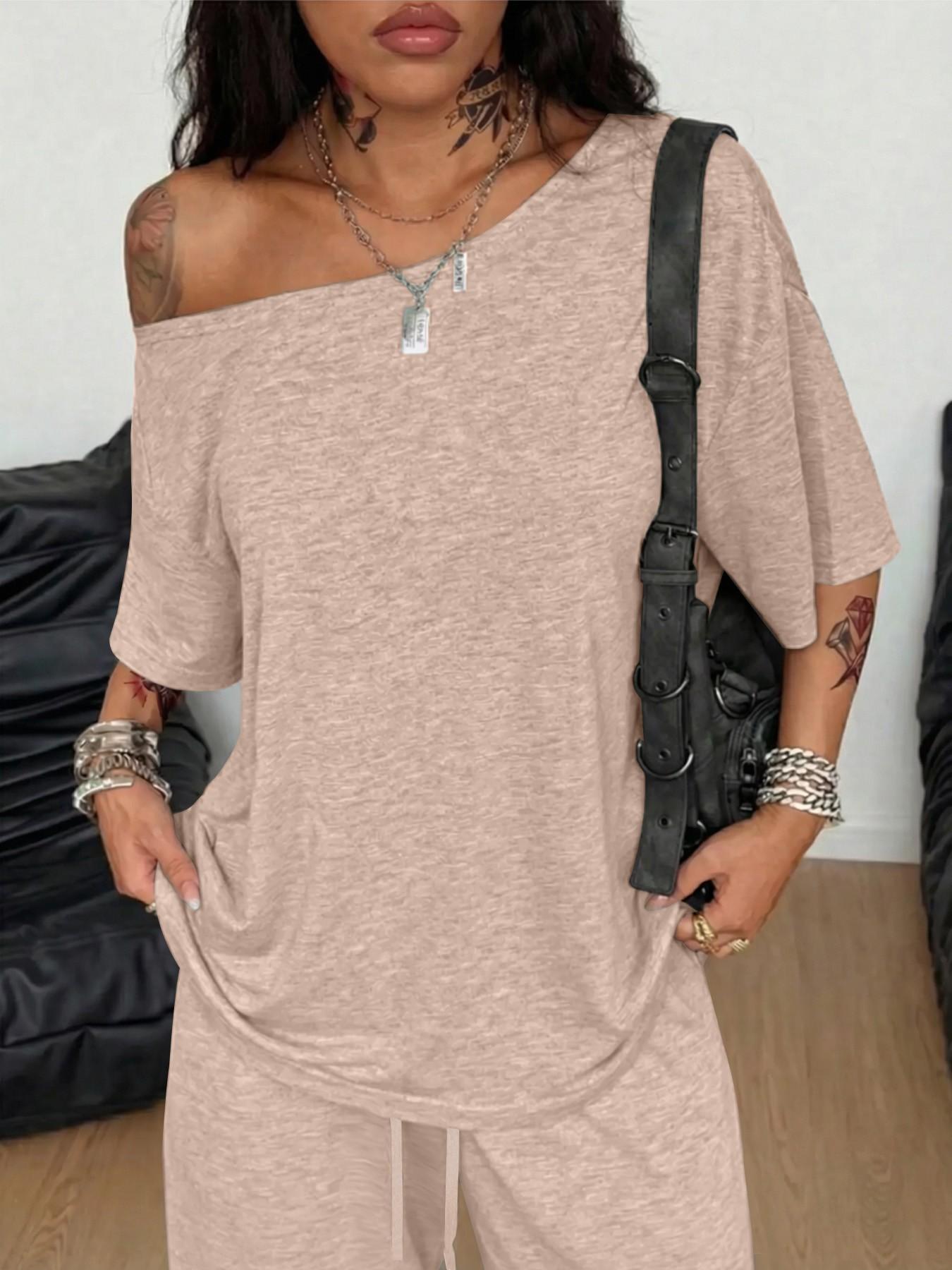 Women's Solid Color Matching Two-Piece Set, Asymmetrical Neckline Top & Drawstring High Waist Wide-Leg Pants, Adjustable Basic Casual Everyday Loungewear