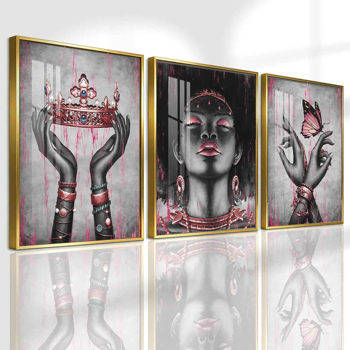 3 Counts Aluminum Alloy Framed Painting, Elegant Black And Pink Crown Butterfly Lady Artwork, Home Decoration For Living Room, Bedroom, Office, Restaurant, Hallway Wall Decor, Odorless Print Artwork, Luxury Perfect Gift For Friends And Family