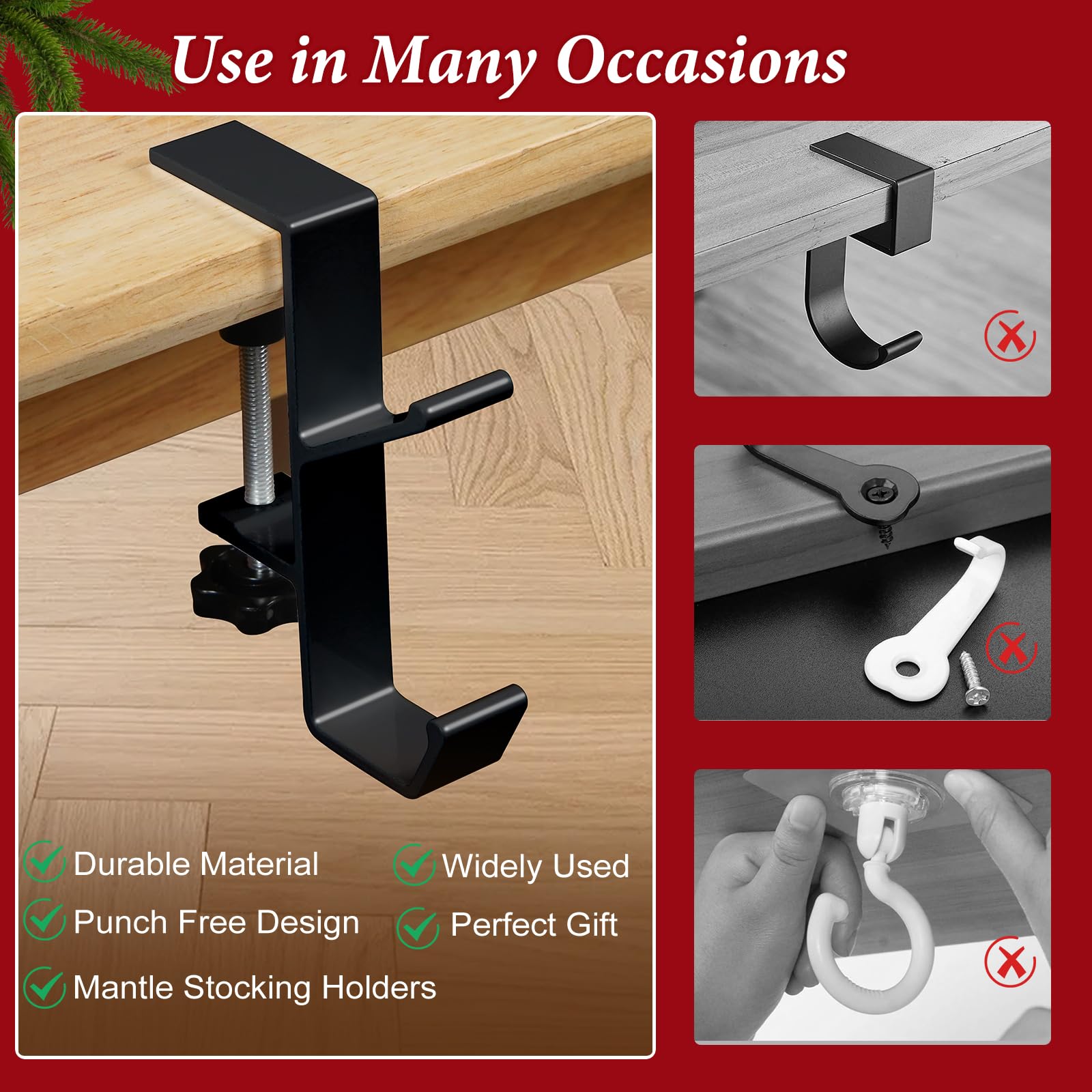 Adjustable Desk Edge Hooks Set of 4, Storage Solution, Portable Headphone Holder, Christmas Decorations Hanger, Backpack Hook, Space Saving Organizer