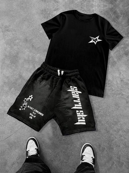 Two-Piece Set Men's Star Print Short Sleeve Tee & Drawstring Waist Shorts Set, Regular Fit Casual Round Neck T-shirt & Track Shorts, Men's Summer Clothes