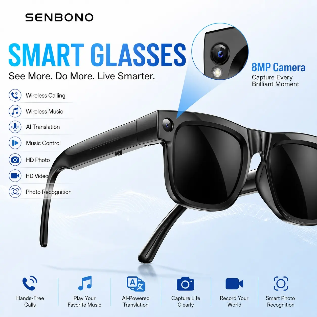 SENBONO Smart Glasses with 8mp Camera, Touch Control Bluetooth-compatible, Dual Speakers, Ideal for Commuting, Fitness, Travel, Daily Entertainment