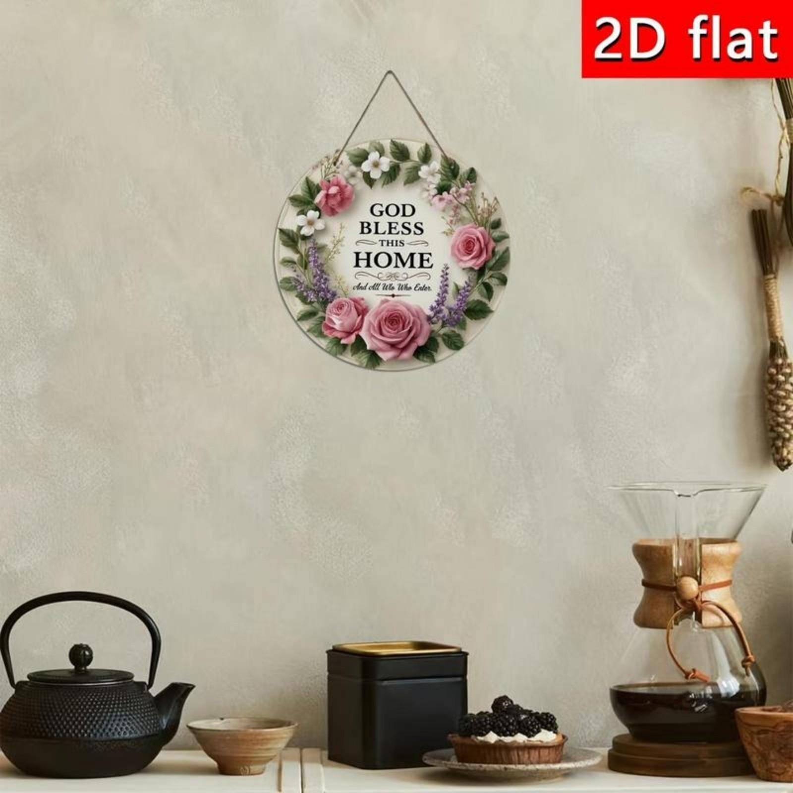 【fathersdaygift】God Bless This Home Round Wooden Sign, Floral Wreath Wall Art, Farmhouse Front Door Hanger, Inspirational Home Decor, Christian Welcome Sign for Porch, Living Room, Housewarming Gift