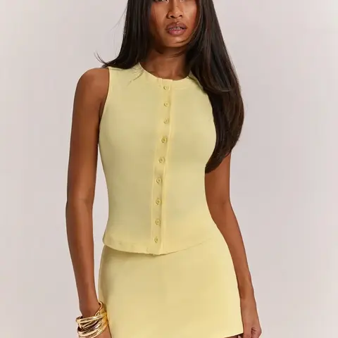 Women's Fashionable Elegant Formal Solid Color 2‑Piece Outfit, Top And Skirt Set, Sleeveless Round Neck Button‑Front Slim Fit Clothes and Mini Skirt, Suitable for Office Wear and Daily Commuting