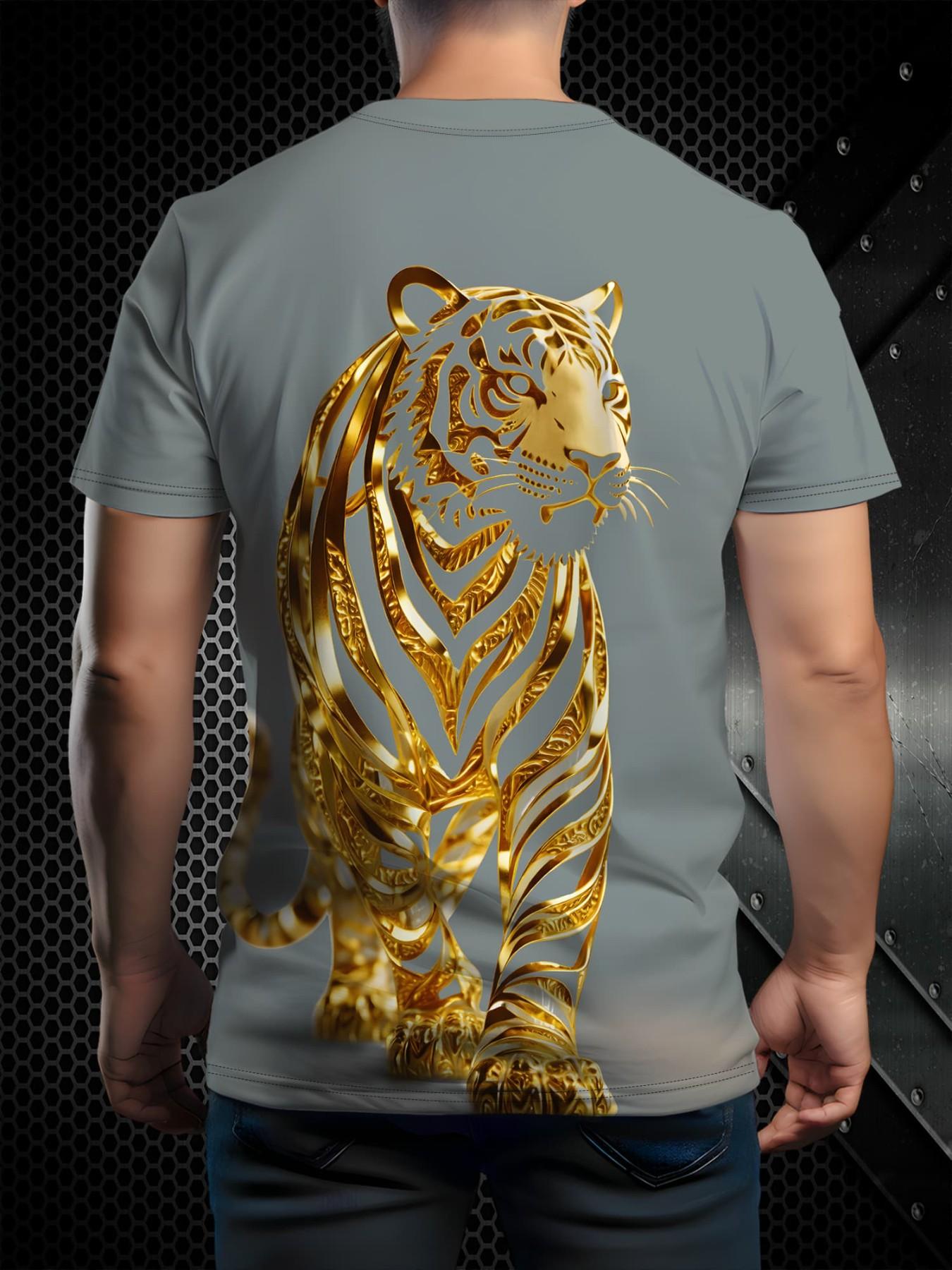 Summer Men's Sporty Short Sleeve T-Shirt, Quick-Dry Breathable Round Neck, Loose Fit, Golden Tiger Print, Casual Daily Wear, Multiple Colors Available