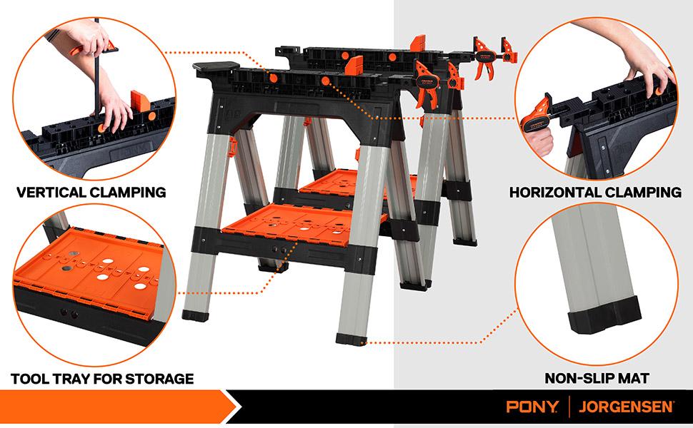 #SpringGlowUp PONY 2-Pack Clamping Sawhorses, 1200 LBS Load Capacity, 30-3/4" Folding Sawhorse with 12&rdquo; F Clamps, Bench Dogs, Angle Clamps, 2" Spring Clamps, Steel Legs, Heavy Duty for Woodworking