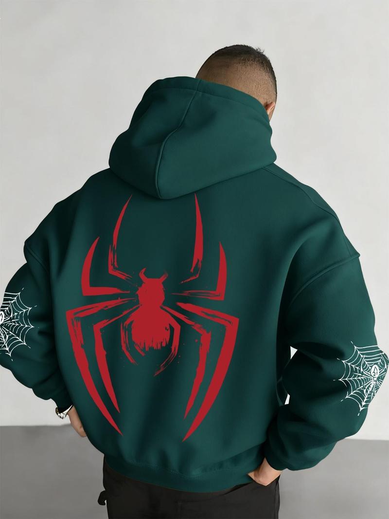 Unisex design, autumn and winter street style hooded sweatshirt with a spider pattern print, featuring cord fasteners and kangaroo pocket design. Perfect for everyday outings; comfortable fabric; stylish for the streets, versatile, trendy, suitable for ca