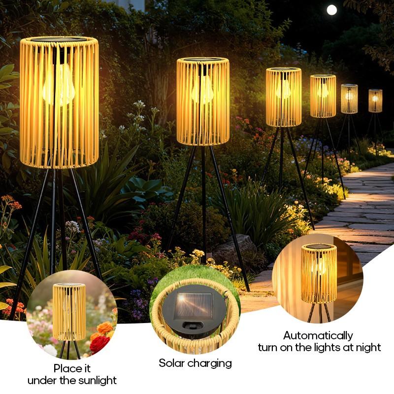 Solar-Powered Outdoor Floor Lamp Handcrafted Wicker Lantern Wrought Iron Tripod Lantern Housewarming Gift Rustic Indoor/Outdoor Decorative Lamp Garden Camping Party Atmosphere Light Light Source Sensor