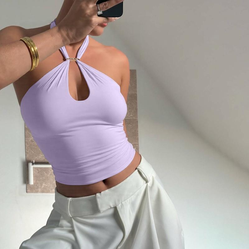 Women’s Backless Halter Neck Tank Top, Solid Fitted Sleeveless Top for Casual Summer Daily and Outdoor Wear