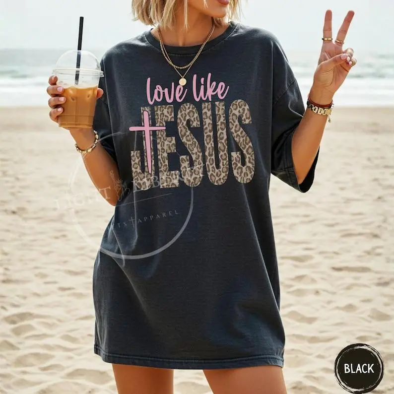 Women's Christian Cotton Casual Top - Leopard-Cheetah Graphics Seamless T-Shirt, Faith-Inspired WWJD Preppy Trendy Teen Gift