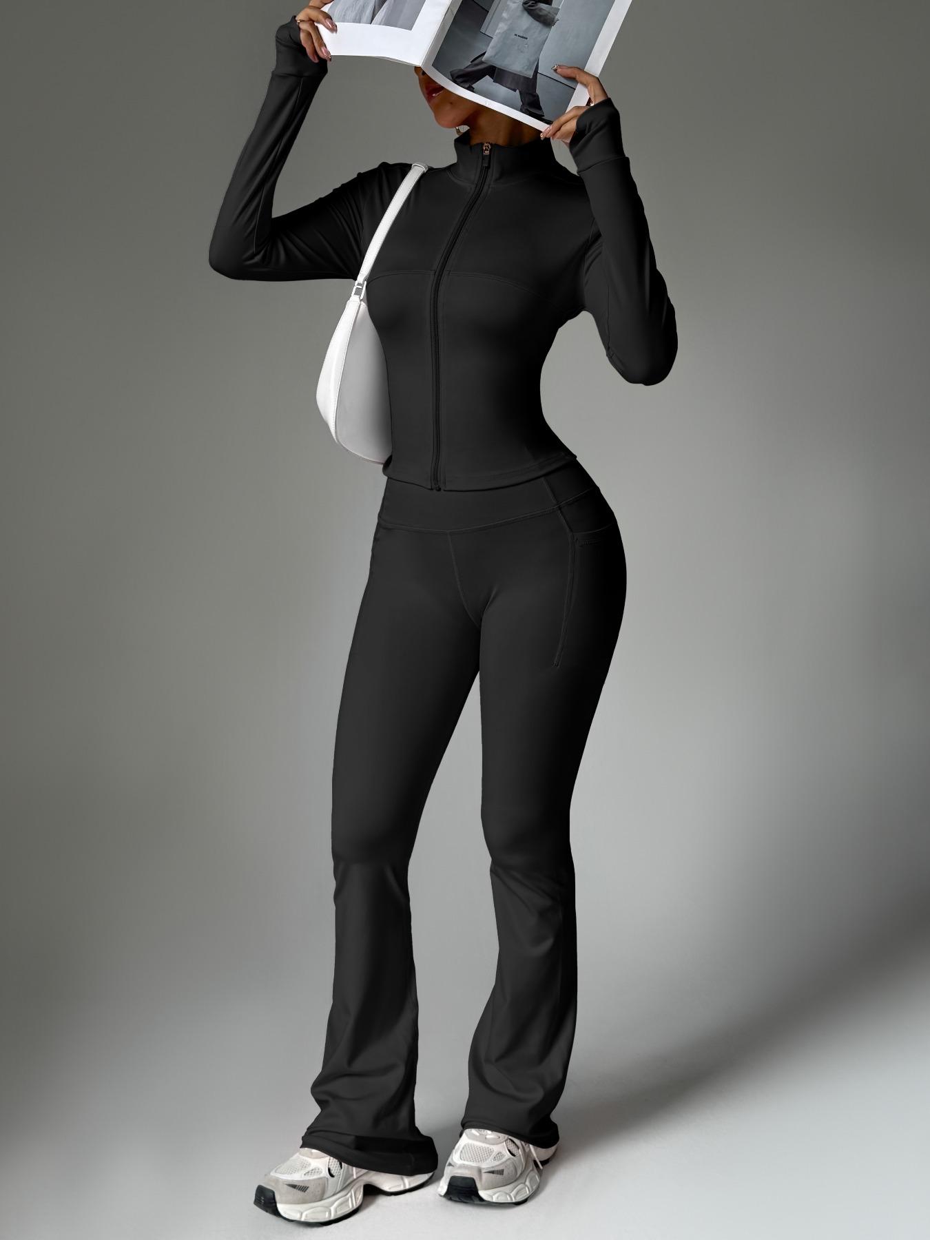 Women's Solid Color Zipper Jacket & Pocket Flare Pants Set, Athleisure Wear Set, Perfect for Yoga & Gym & Outdoor Use, Comfortable Breathable Outfit for Autumn Winter