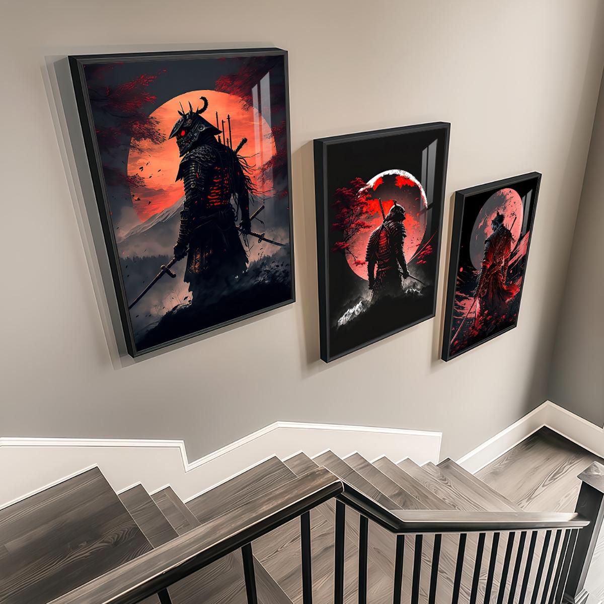 3 Counts Aluminum Alloy Framed Painting, Samurai Warriors Under Red Moon Artwork, Home Decoration For Living Room, Bedroom, Office, Restaurant, Hallway Wall Decor, Odorless Print Artwork, Luxury Perfect Gift For Friends And Family