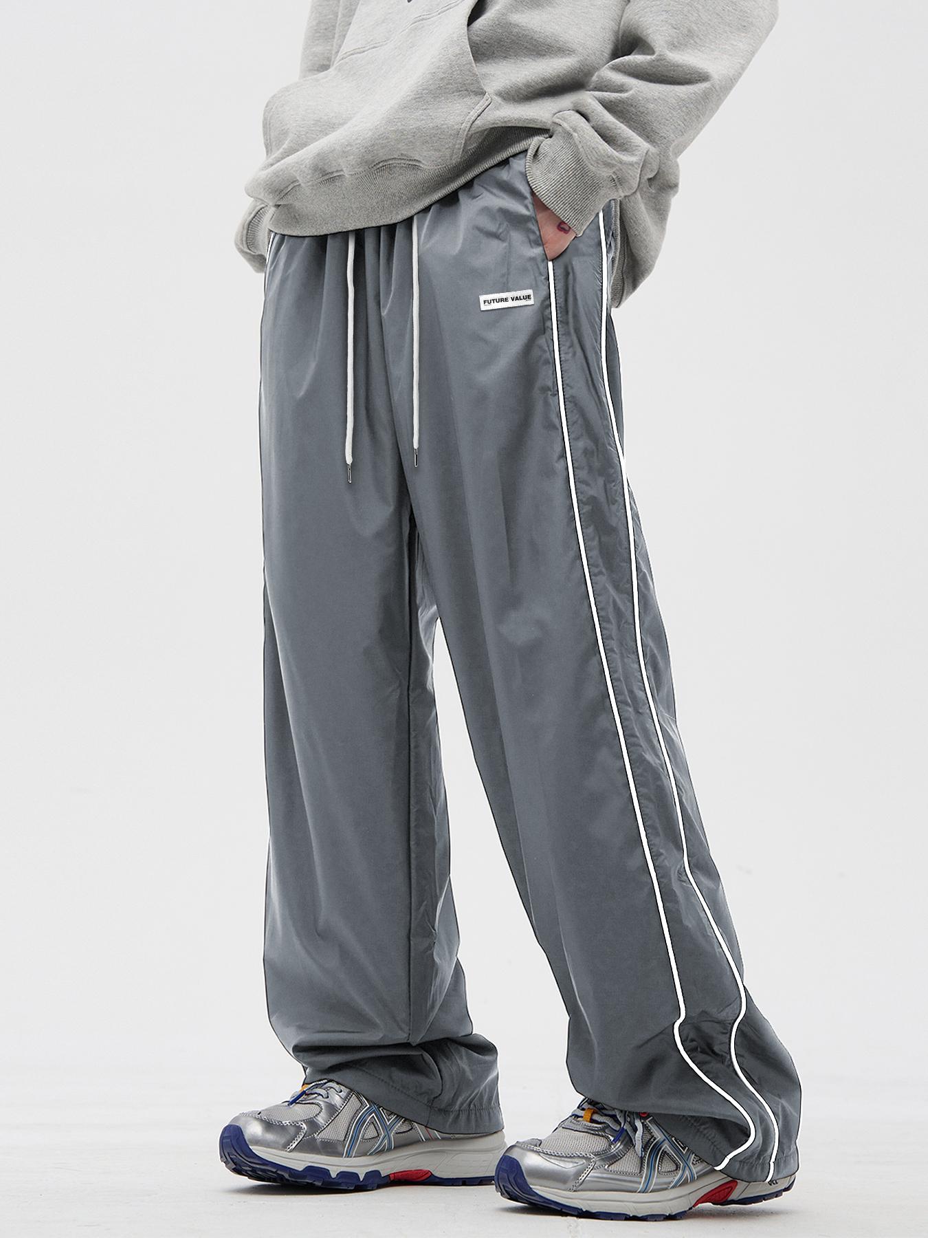 Men's Side Stripe Drawstring Waist Straight Leg Pants, Casual Pocket Letter Patched Trousers for Fall & Winter, Loose Menswear, Drippy Outfits