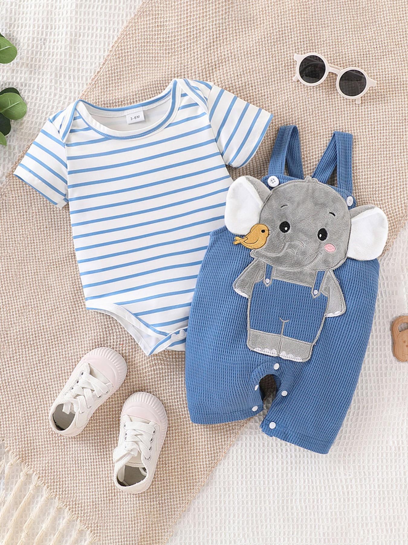 Boys' Cartoon Elephant Two-Piece Set, Striped Short Sleeve Romper + Waffle Bib Pants, Cute Summer for Kids, Comfortable and Stylish