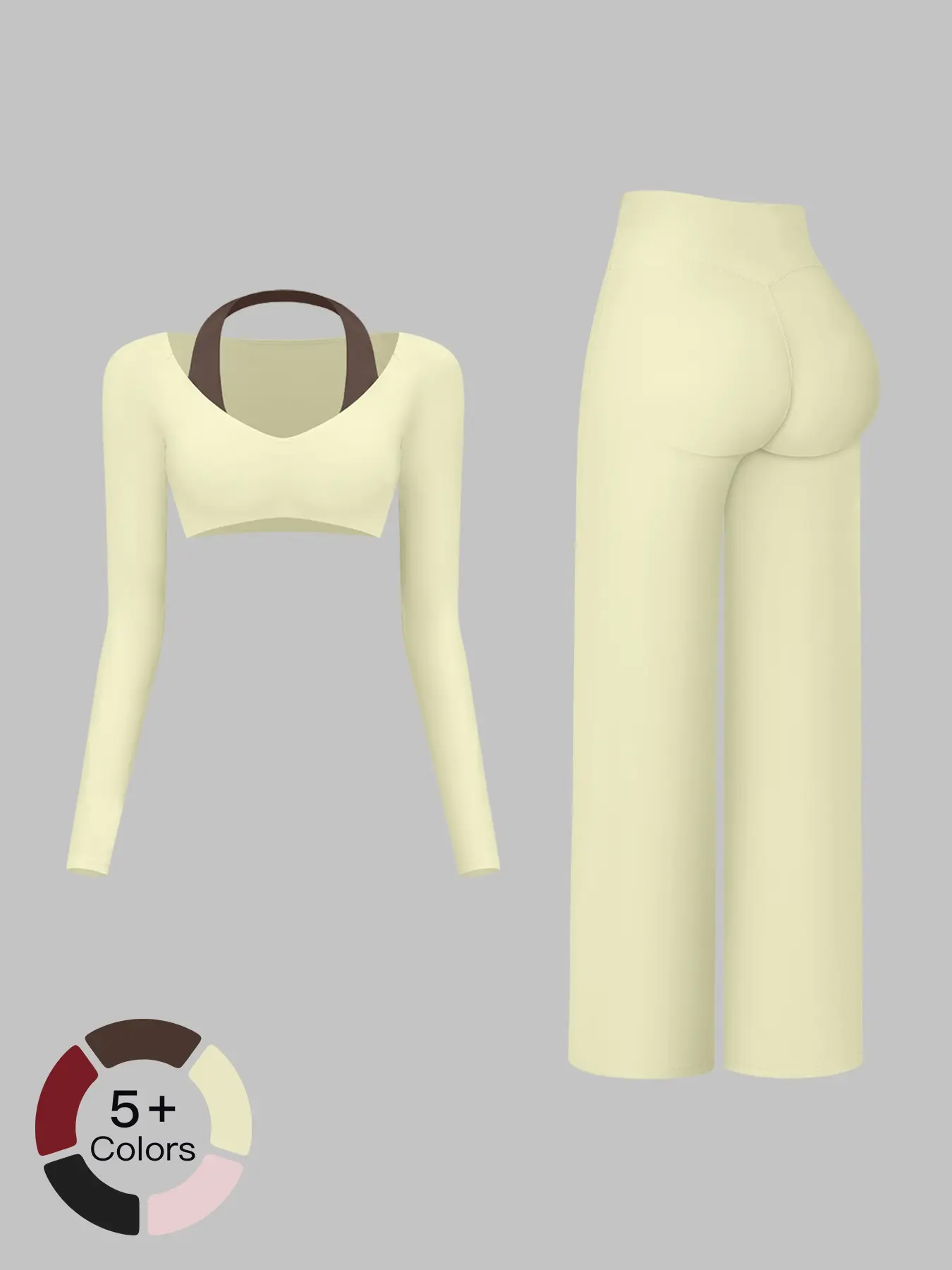 New Slim Fit Workout Set, Halter Neck Fake Two-Piece Long Sleeve, Tummy Control Peach Butt Wide Leg Pants, Yoga for Women