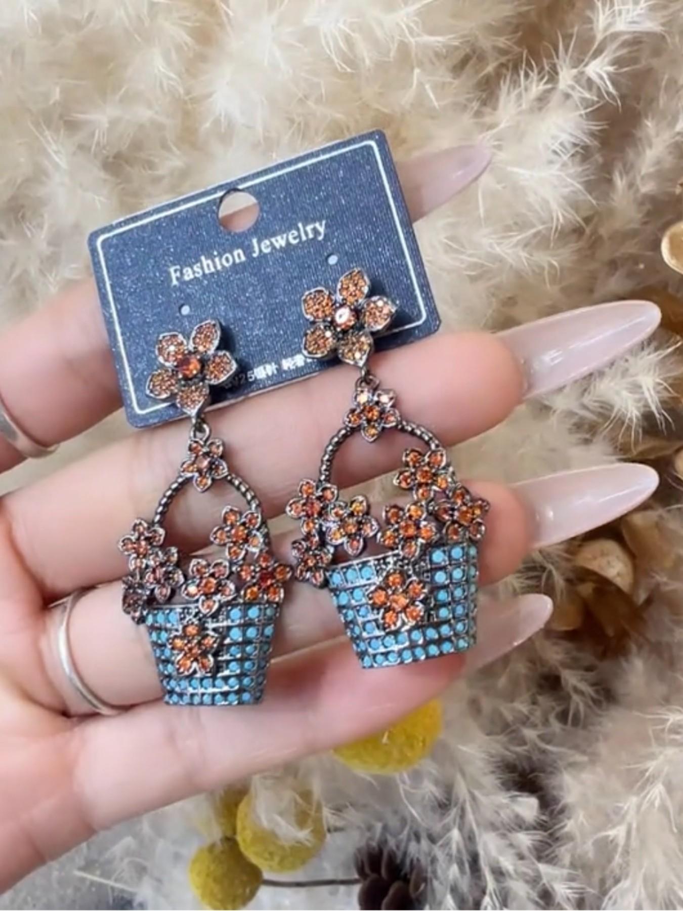 QY Elegant Floral Basket Earrings, Silver Color Dangle Earrings, Large Size with Sparkling Cubic Zircon, Perfect for Formal Events, Women's Jewelry Perfect Gift