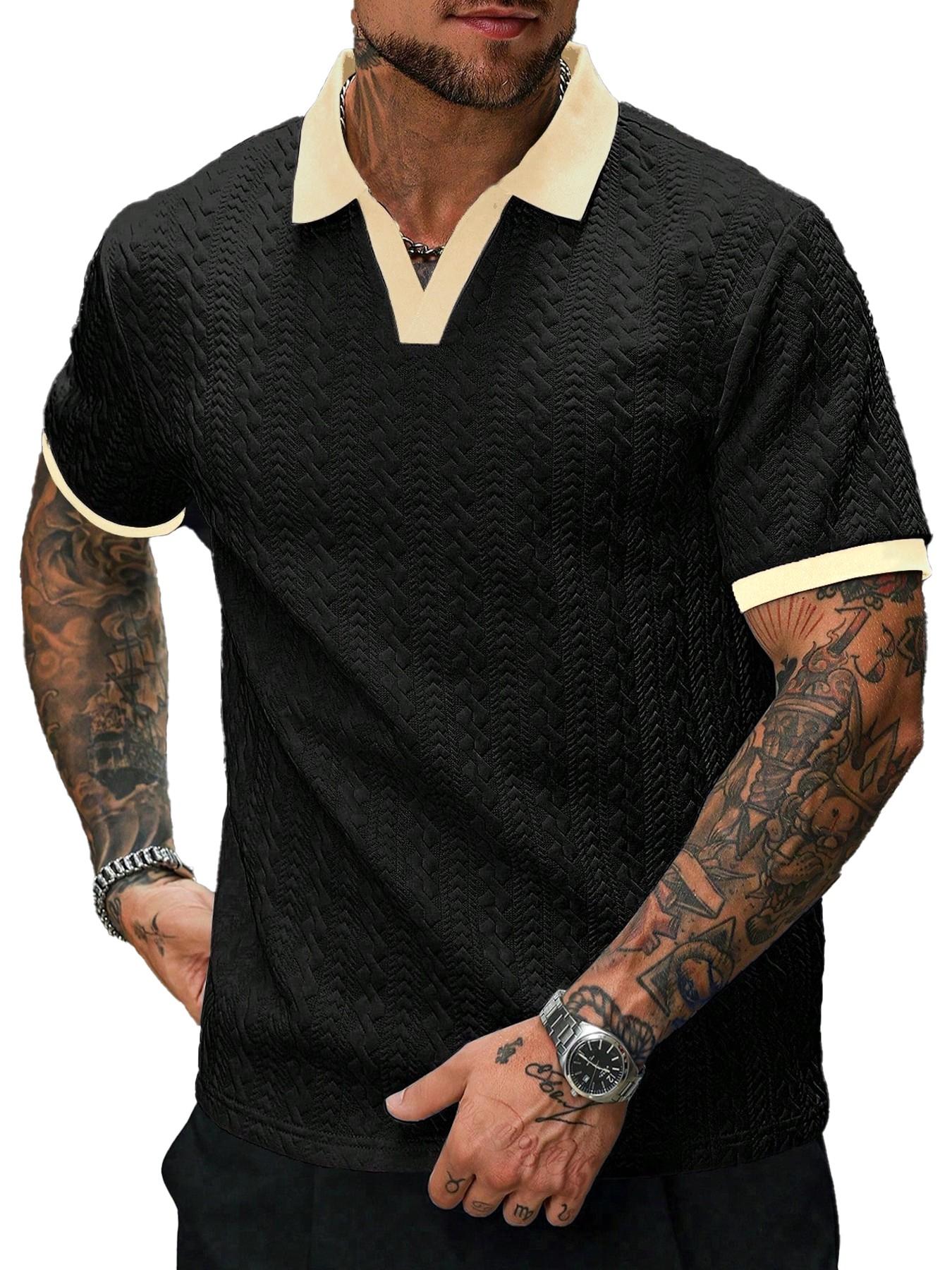 Men's Retro Colorblock Polo Shirt, Textured V Neck Short Sleeve Top, Casual Street Style, Summer Fashion, Fitted Leisurewear