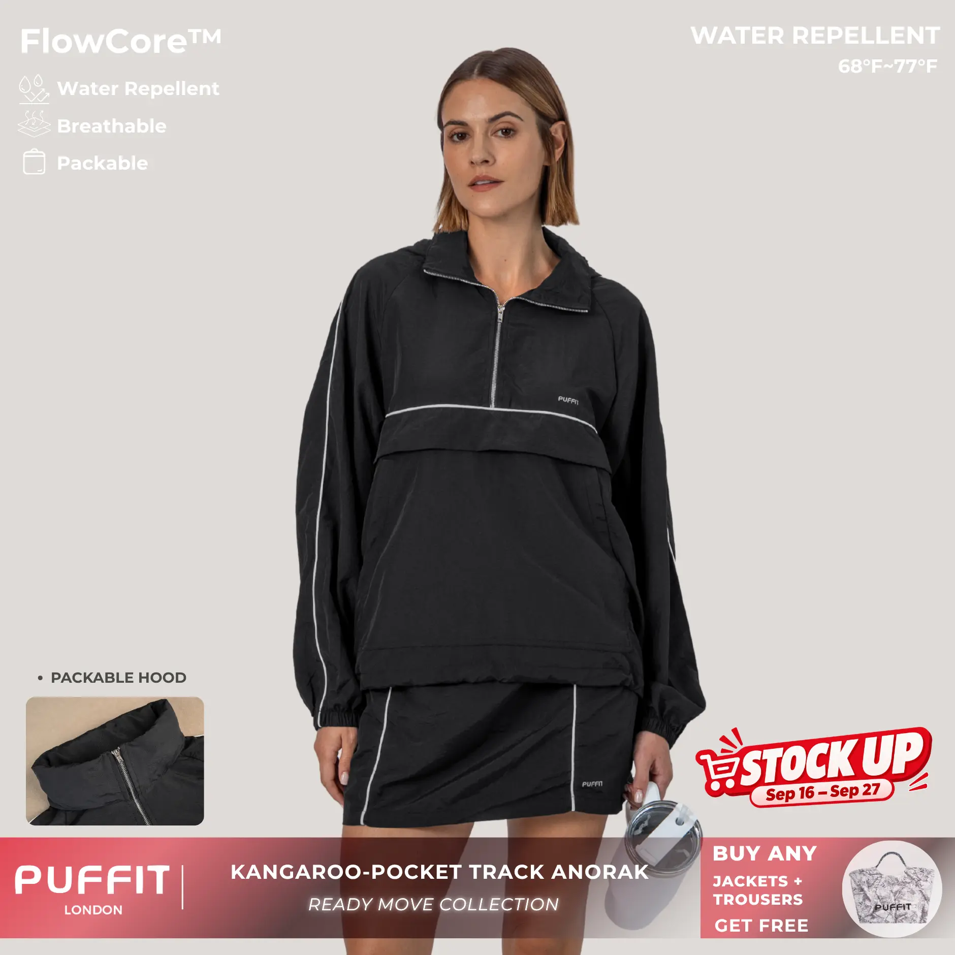 PUFFIT FlowCore Water Repellent Kangaroo-Pocket Track Anorak with Packable Hood,Loose Fit,Windproof,Breathable,Packable,Lightweight,Outdoor Jacket,Spring Autumn,Casual Daily,Running,Hiking,Travel,Shopping,2026