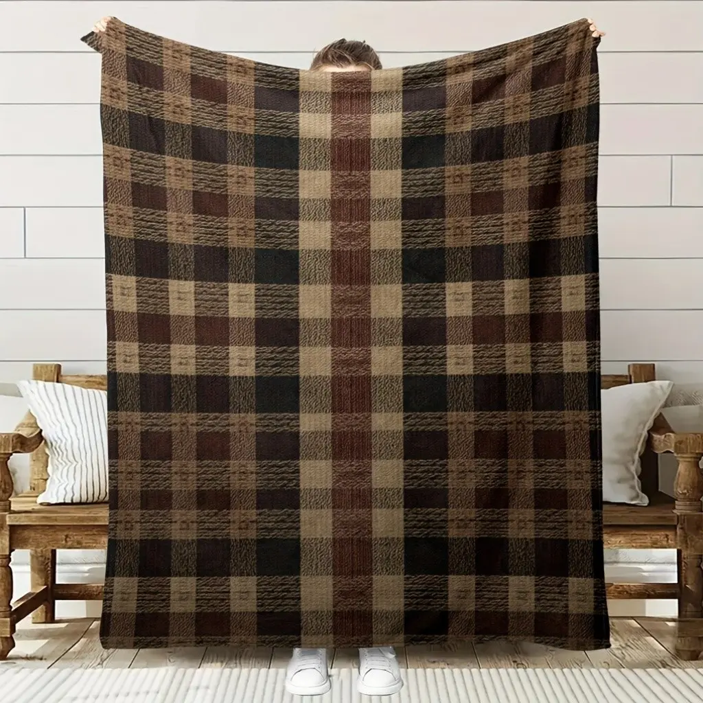 Extra Large Plaid Flannel Blanket 280Gsm |   Soft Breathable All-Season Throw with Brown-Red, Check Pattern - Machine Washable Luxury for Bedroom Bed Sofa Couch Living Room Dorm Office Nap Travel Car Camping Swing Chairs Home Decor ,Housewarming Gift