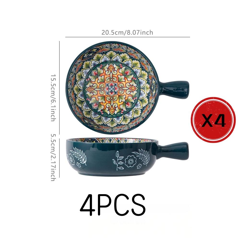 4-Piece Bohemian Ceramic Tableware Set, Hand-Drawn Ethnic Style Bowls and Plates, Creative Home Dining Essentials, Ceramic Dinnerware Sets, Non-Bone China