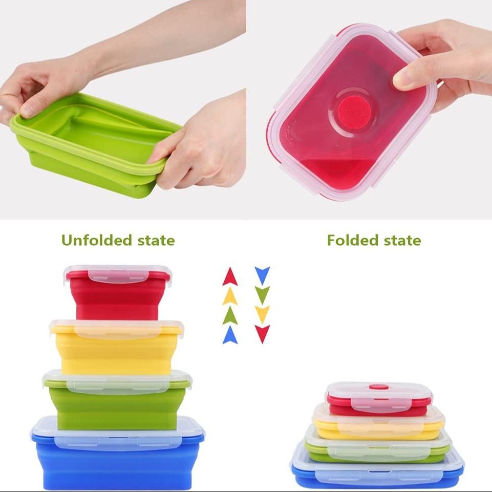 Set of 4 Collapsible Foldable Silicone Food Storage Container, Leftover Meal Box With Airtight Plastic Lids For Kitchen, Bento Lunch Boxes-Microwave, Dishwasher and Freezer Safe