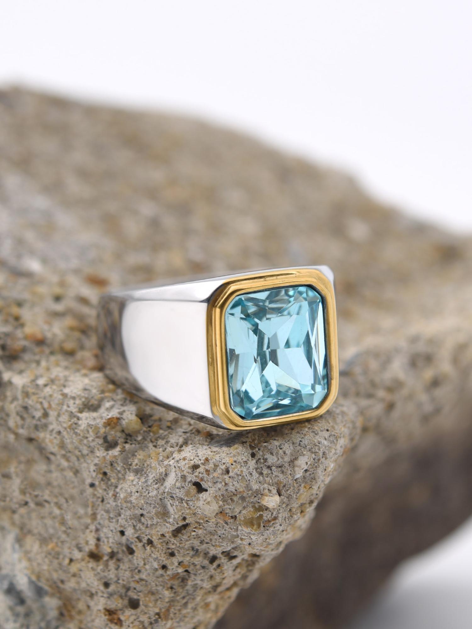 Luxury Male Ring Multi-Color Gemstone 316L Steel High Quality 18k Gold Plated Business Wedding Statement Ring Two-Tone Design