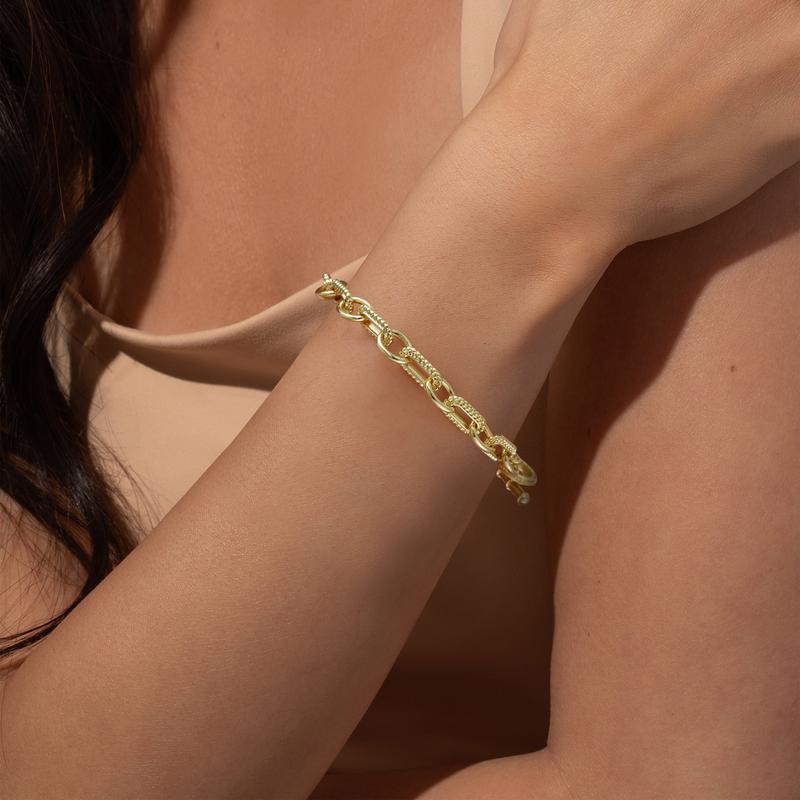 Aprilery Three-Piece Bracelet Set – Classic Cable Knot Cuff, Tiger Eye Round Link Chain, and Textured Toggle Bracelet