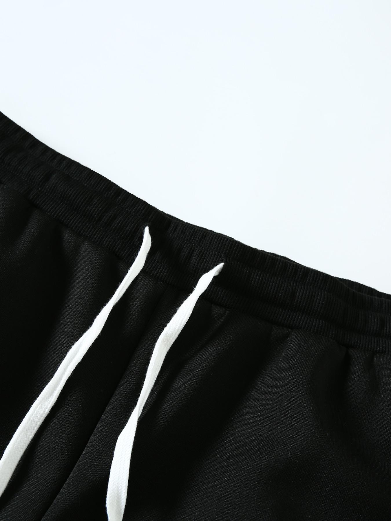 Men's Street Style Fitted Pants, Block Micro Flare Sweatpants, Loose Drawstring Casual Sports Pants, Trendy Wide Leg Trousers