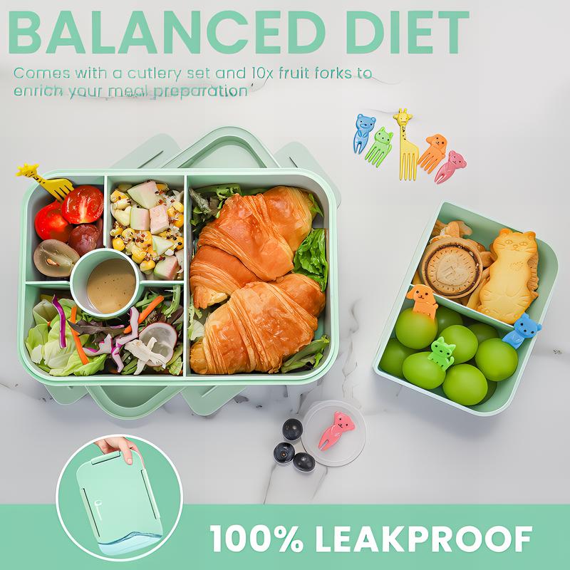 Bugucat Leak-Proof Bento Lunch Box 1300ML with 6 Compartments, Kids & Adult Bento Box with Cutlery, Dishwasher & Microwave Safe, High-Quality PP Material, 22x15x5.5 cm, Ideal for School, Kindergarten, Office