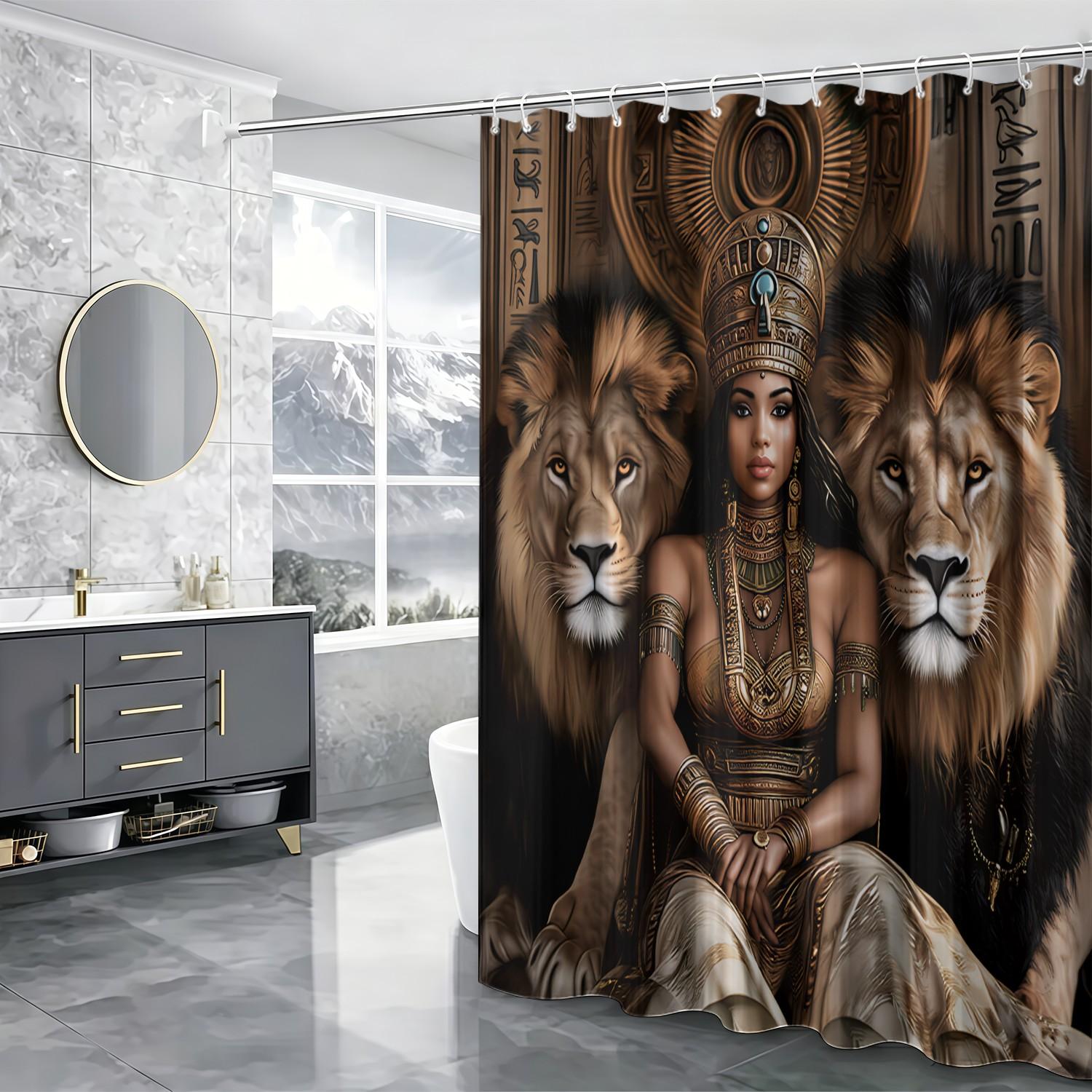 1pcs Luxury Ancient Egypt Queen and Lion Guardians Bathroom Printed Shower Curtain, Elegant Print Shades, Royal Golden Goddess Bath Backdrop, Ethnic Wall Art Hanging