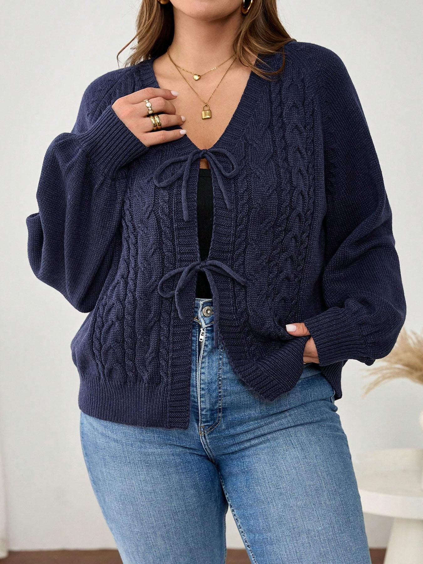 Plus Size Women's Blue V Neck Knit Cardigan Knitwear, Casual Long Sleeve Pullover, Fall & Winter Fashion, Comfortable Plain Design