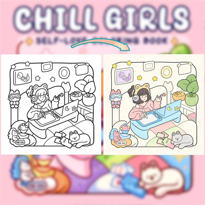 A set of fun coloring books, with thick high-quality paper, featuring fresh cartoon patterns of friends traveling together, designed to cultivate creativity, relieve stress, perfect for home leisure, adult coloring books, and an ideal Valentine's Day gift