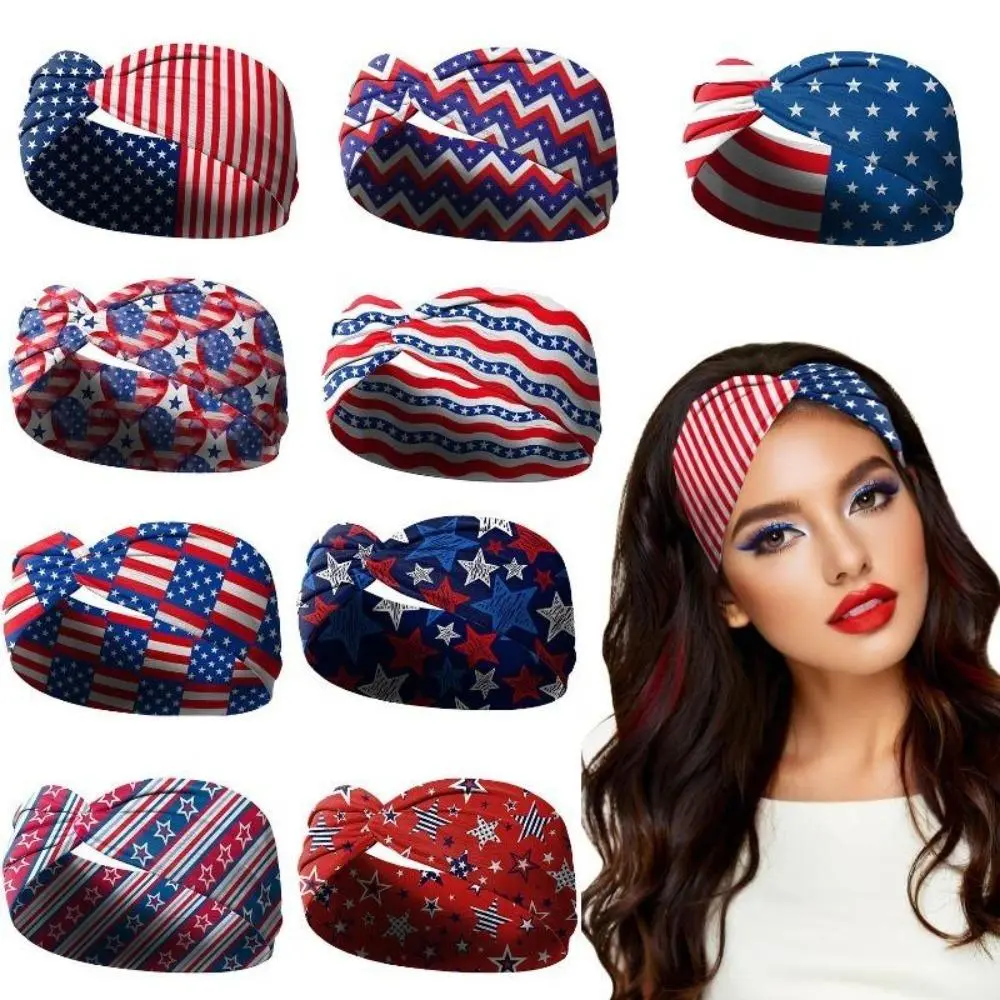 Workout Headband 3-Pack for Women Men, Knotted American Flag Design, Breathable Stretch Polyester Blend for Gym & July 4th, Knotted Headband, Parties, Unisex, 3Pc, Elastic Fit, Patchwork Style