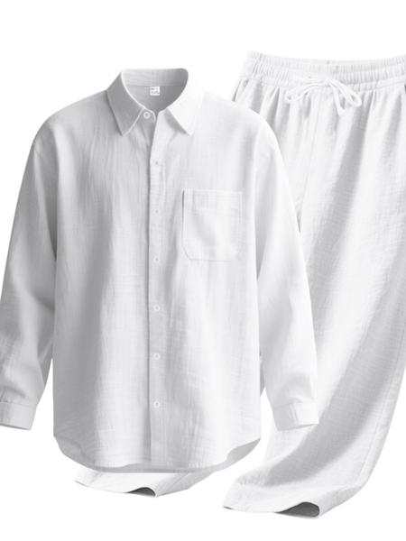 Men's Summer Linen Shirt & Pants Set, Casual Long Sleeve Beachwear, Comfortable Fashion Clothing for Vacation