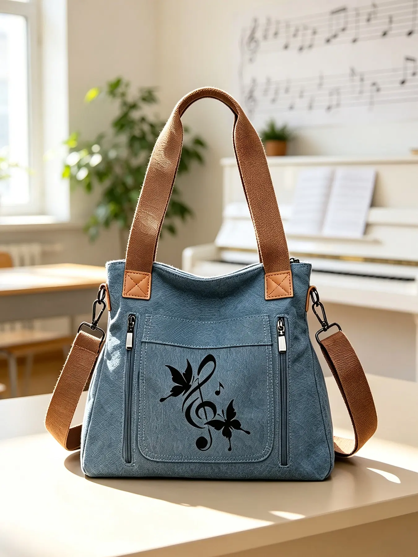 Butterfly Music Notepad Print Canvas Tote Bag, Large Capacity Crossbody Backpack, Casual Crossbody Bags, Casual Style for School & Daily Use