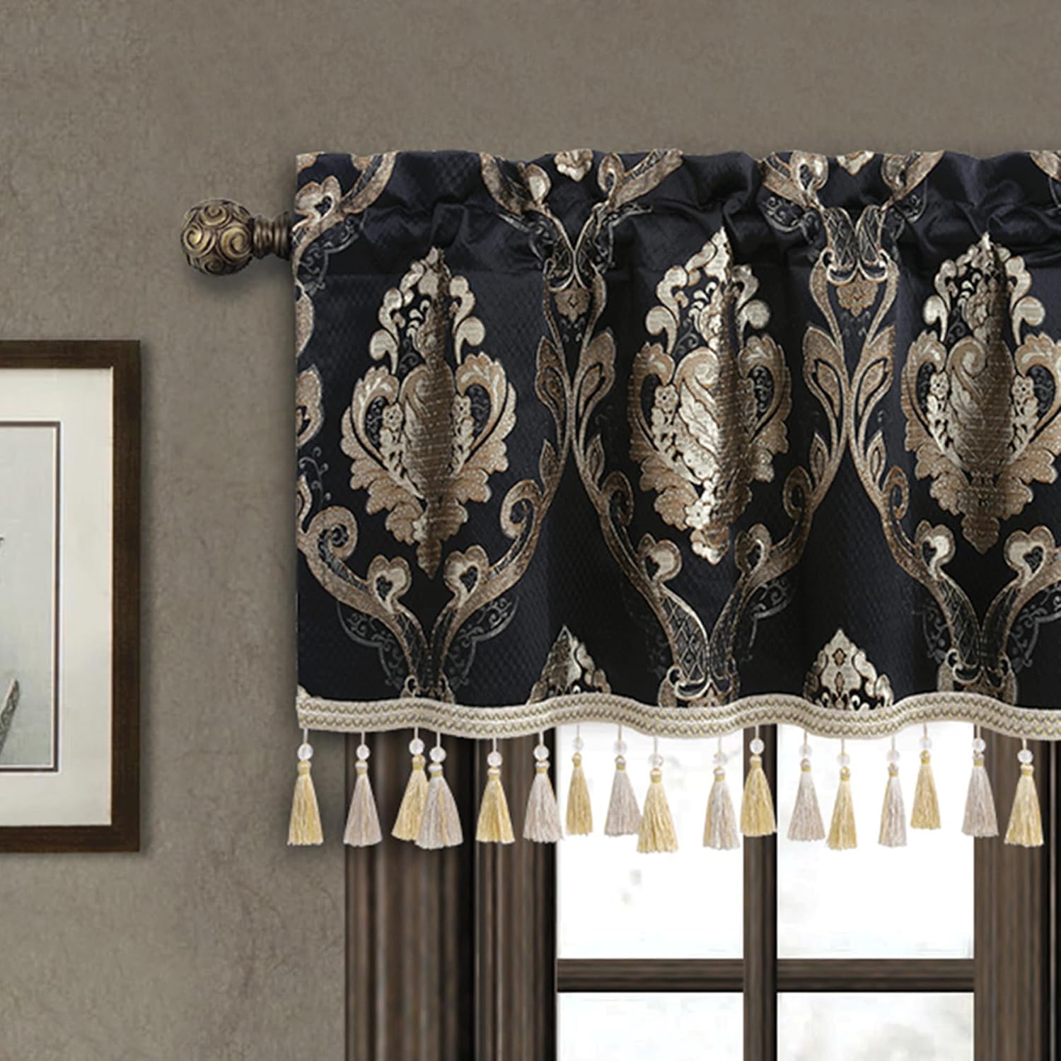 Black Jacquard Window Valance Curtains for Bedroom, 54" x 18"