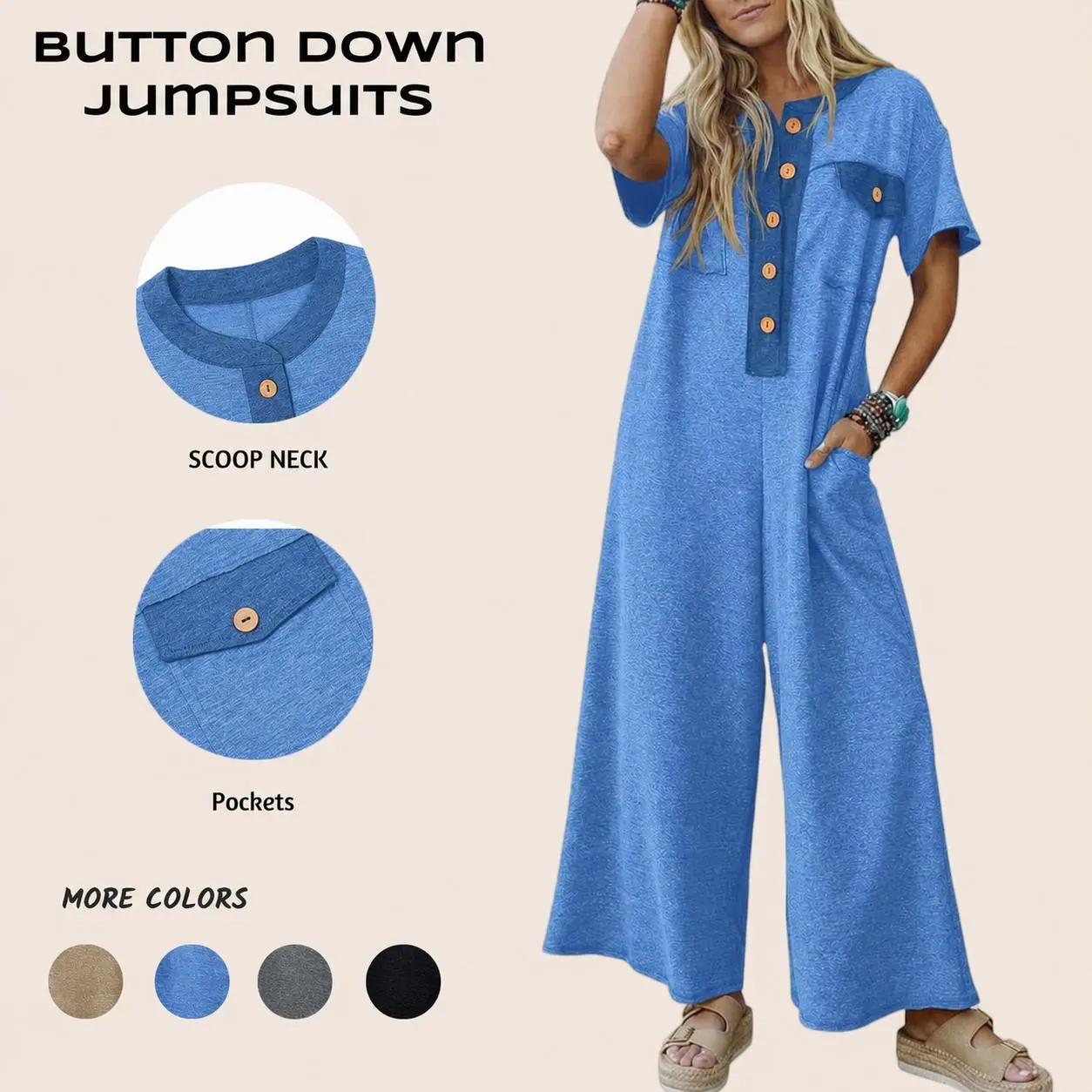 【NEW】Imily Bela Womens Casual Loose Jumpsuits Short Sleeve V-Neck Button Down One Piece Outfits Wide Leg Summer Long Pant Rompers with Pockets