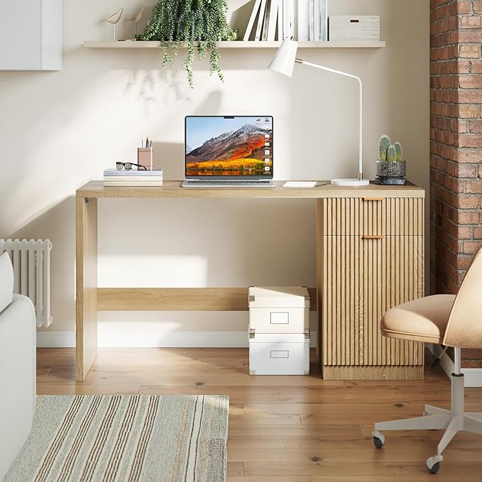 60" Executive Desk with Storage, Modern Home Office Desk with Drawer & Cabinet, Wood Fluted Computer Desks Workstation Writing Conference Table for Study, Living Room, Bedroom