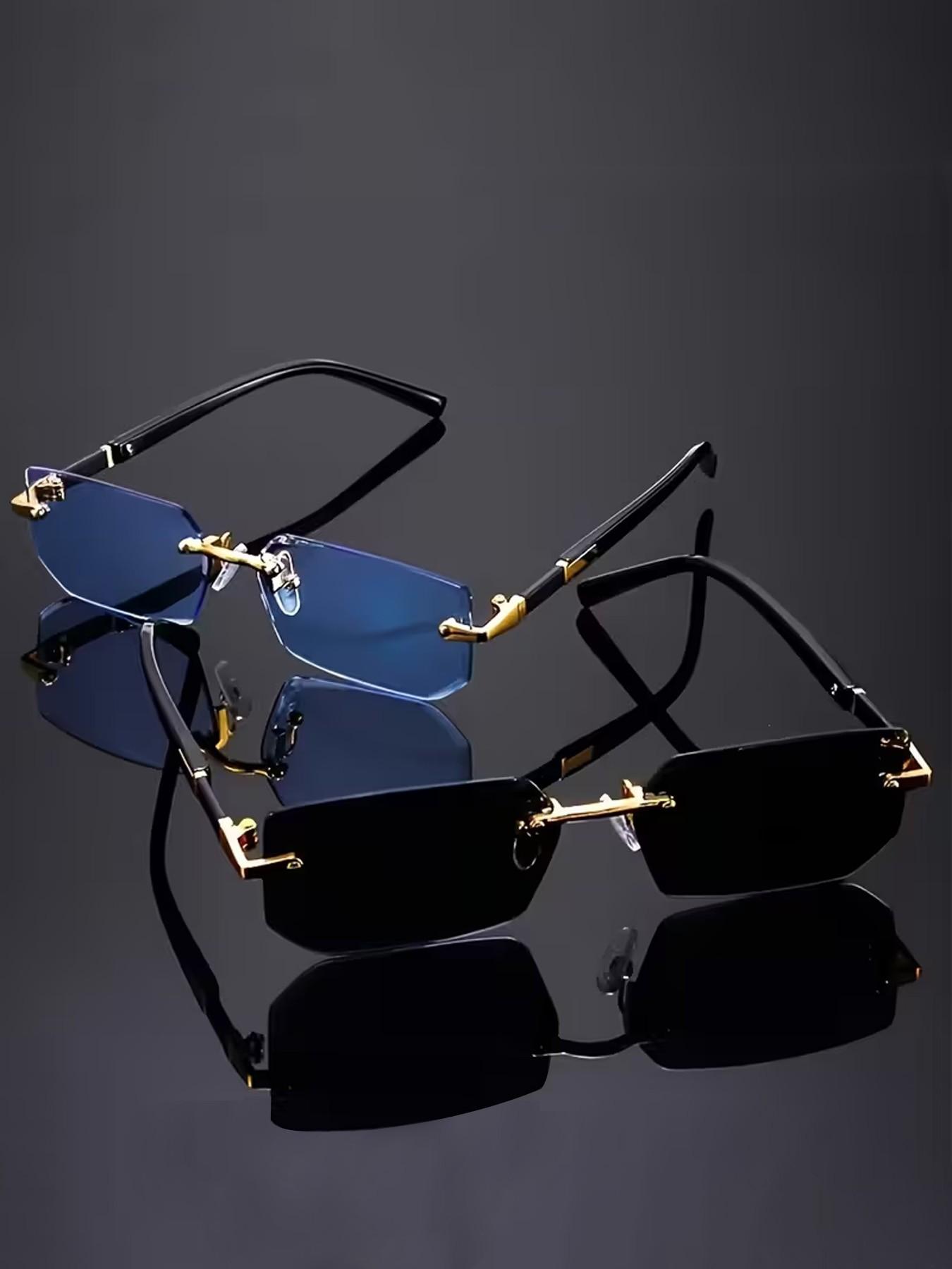 2 Pcs Fashionable Sunglasses, Yk2 Style Frameless Cut Edge Glasses, Unisex Summer Party Vacation, Includes Cleaning Cloth