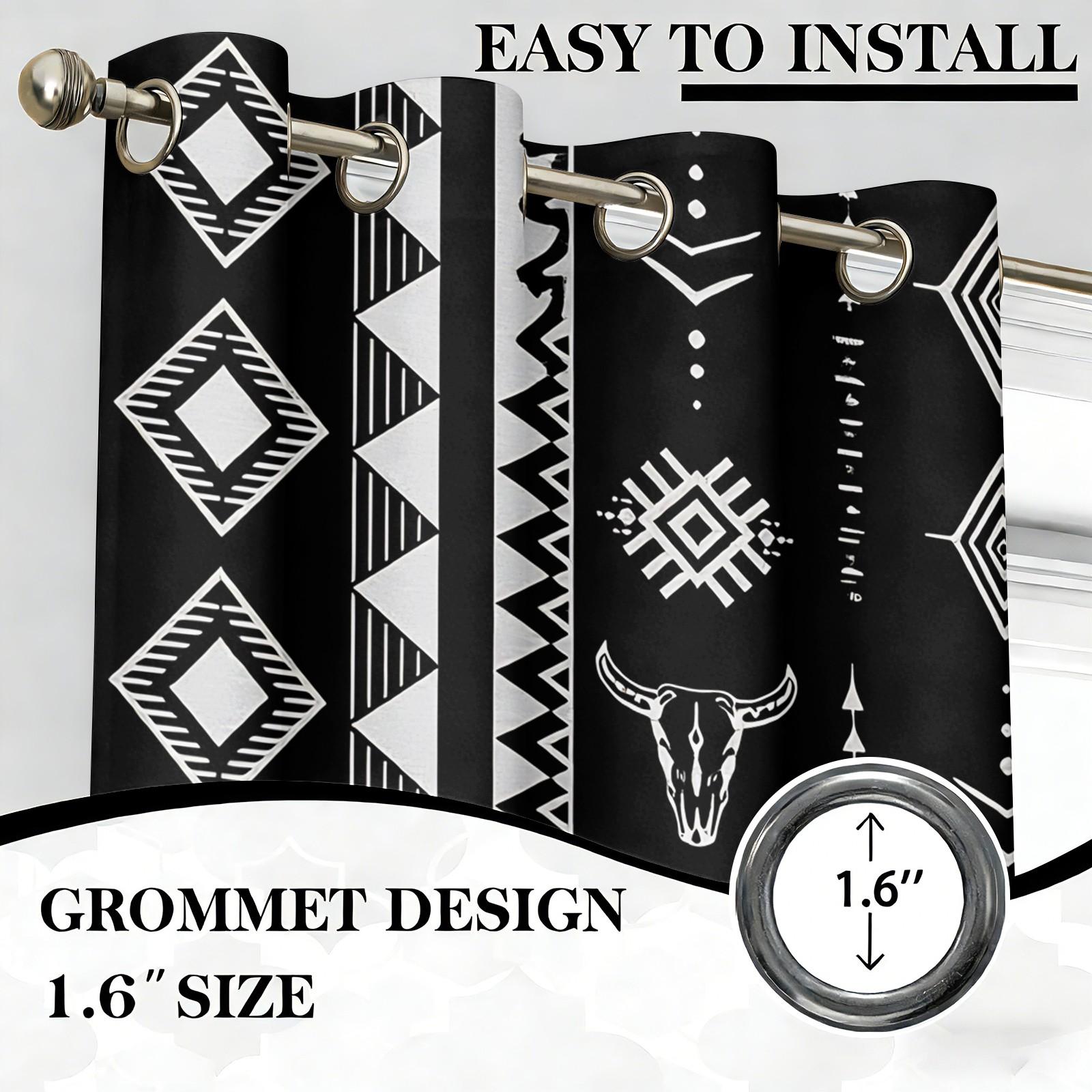 2 Panels Tribal Bull Skull Aztec Blackout Curtains Sun Blocking Noise Reducing Window Treatments with Black White Southwestern Pattern for Bedroom Living Room Office Dorm Rustic Western Boho Room Decor