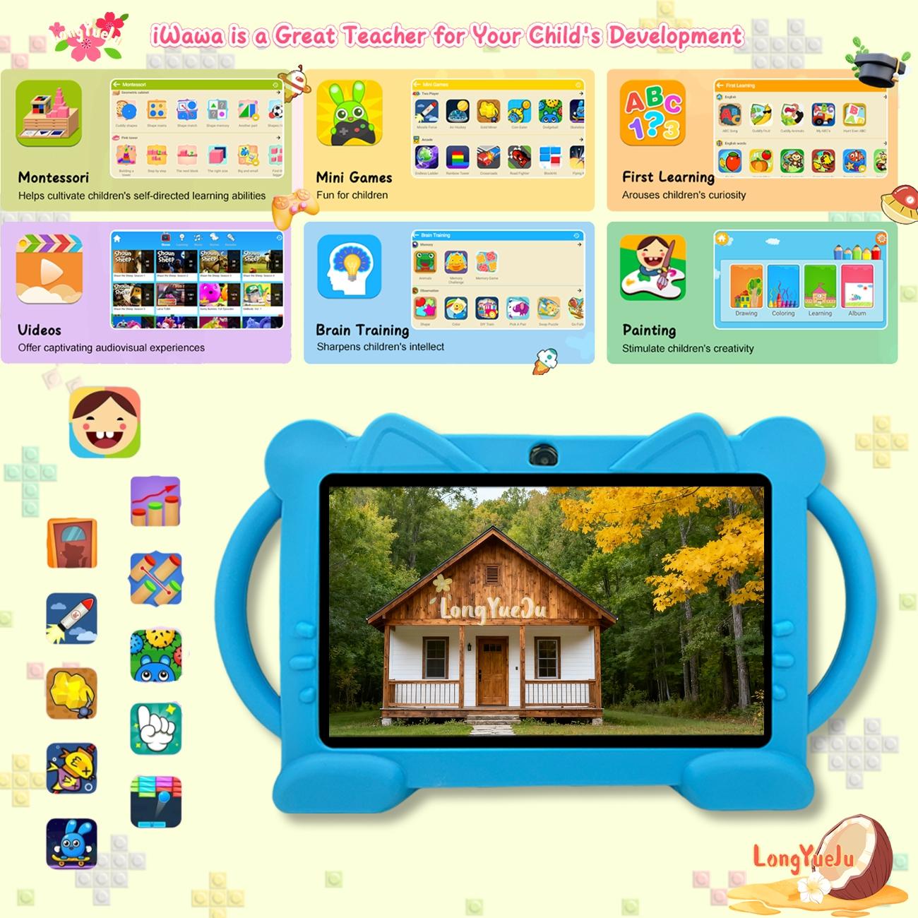 Interesting Smart Android Tablet, Android 12 for daily learning use, dual camera recording of life, parental control, anti fall and anti-collision, multiple applications, fast running, suitable for children and teenagers, no adapter, blue/pink