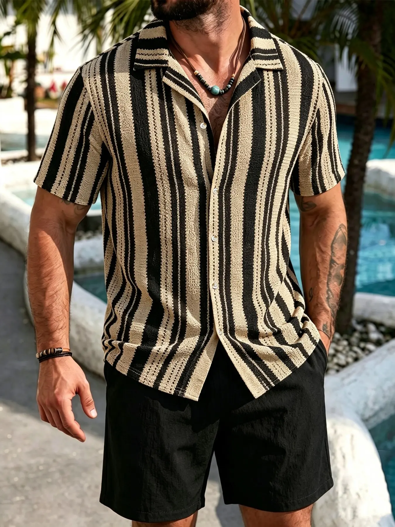 Men's Casual Clothing Set Stretch Knit Jacquard Striped Short Sleeve Shirt & Linen-Blend Shorts Set, 2-Piece Breathable Summer Outfit for Beach and Vacation