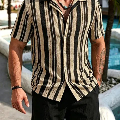 Men's Casual Clothing Set Stretch Knit Jacquard Striped Short Sleeve Shirt & Linen-Blend Shorts Set, 2-Piece Breathable Summer Outfit for Beach and Vacation