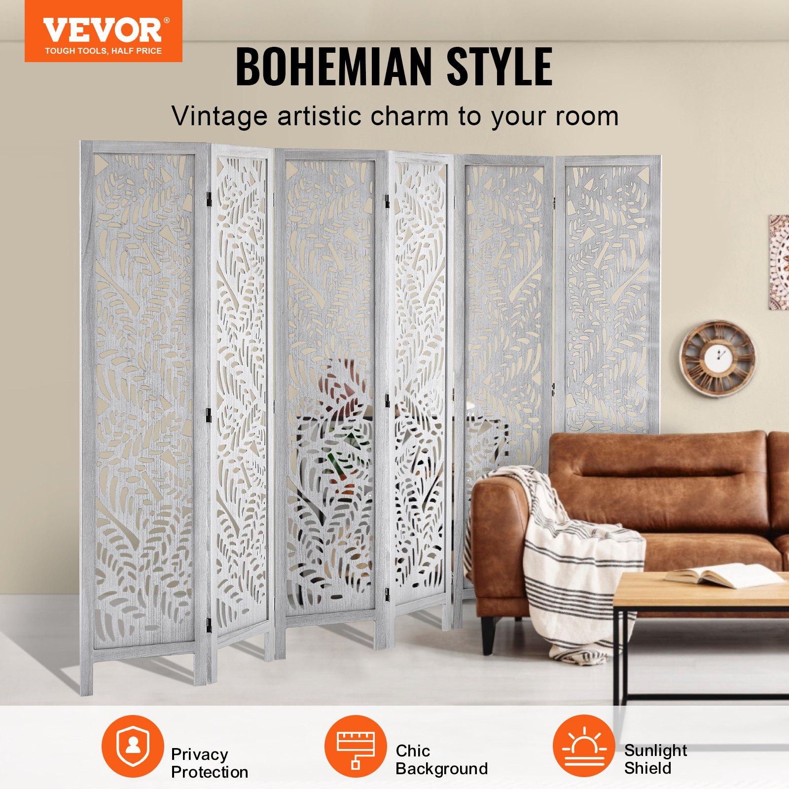 VEVOR Wood Room Divider - 6-Panel Carved Folding Privacy Screen, 66.9 in Tall Indoor Partition with Wood Panel Wall, Rectangular Form, Portable Setup for Home, Office