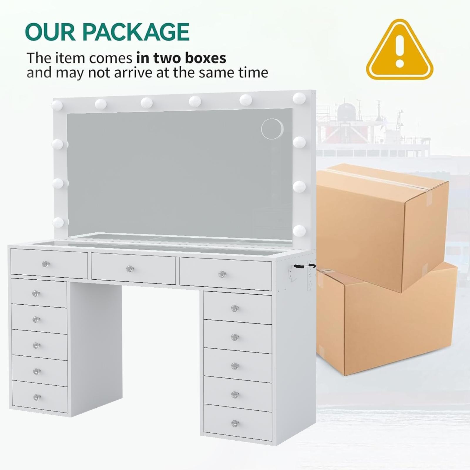 FUSOU 47''W 13 Drawers Vanity Desk, Makeup Vanity with Power Outlet, Vanity Table with Mirror and 12 LED Bulbs, 3 Color Lighting Modes, Glass Top, Dressing Table for Bedroom