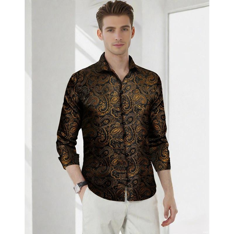 AILISUS Men's Paisley Black Gold Jacquard Long Sleeve Dress Shirt Plus Size Breathable Anti-wrinkle Button Down Prom Shirt Luxury Formal Casual Shiny Soft Stylish Regular-Fit Business Tops New In