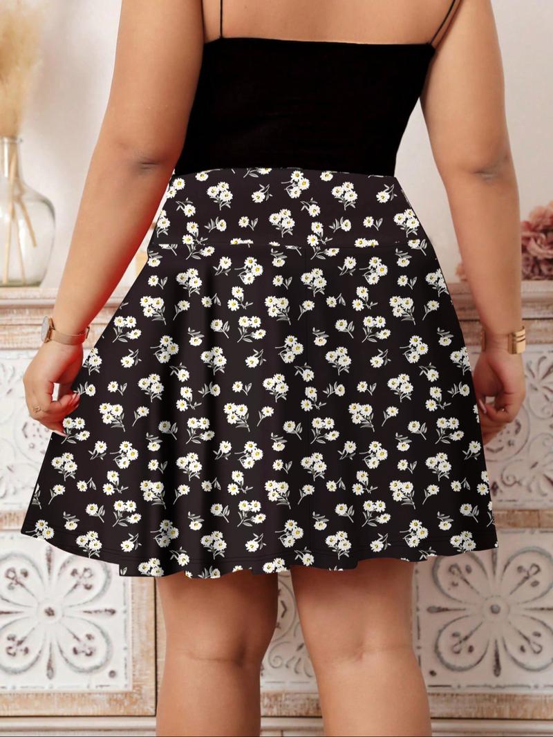 【Plus Size】 Solid / Ditsy Floral Print Pocket Design Skort, Fashion Casual Cute 2 in 1 Short Skirt for Daily Outdoor Wear, Women Plus Clothing for Summer，napkin skirts