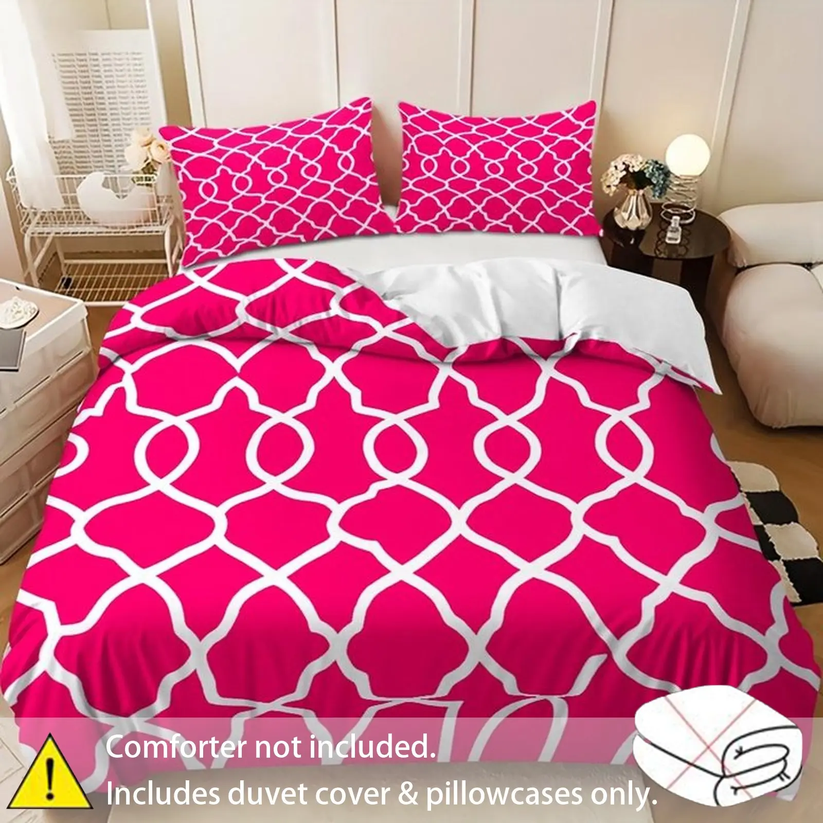 Geometric Trellis Duvet Cover Set 3‑Piece, Modern Lattice Pattern Bedding Set, Soft Polyester Duvet Cover with 2 Pillowcases, Comforter Not Included, Multiple Color Options